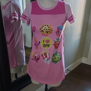 Shopkins Pink T-Shirt PJ Short Sleeve Dress with Fun Characters Gitls in Size 12